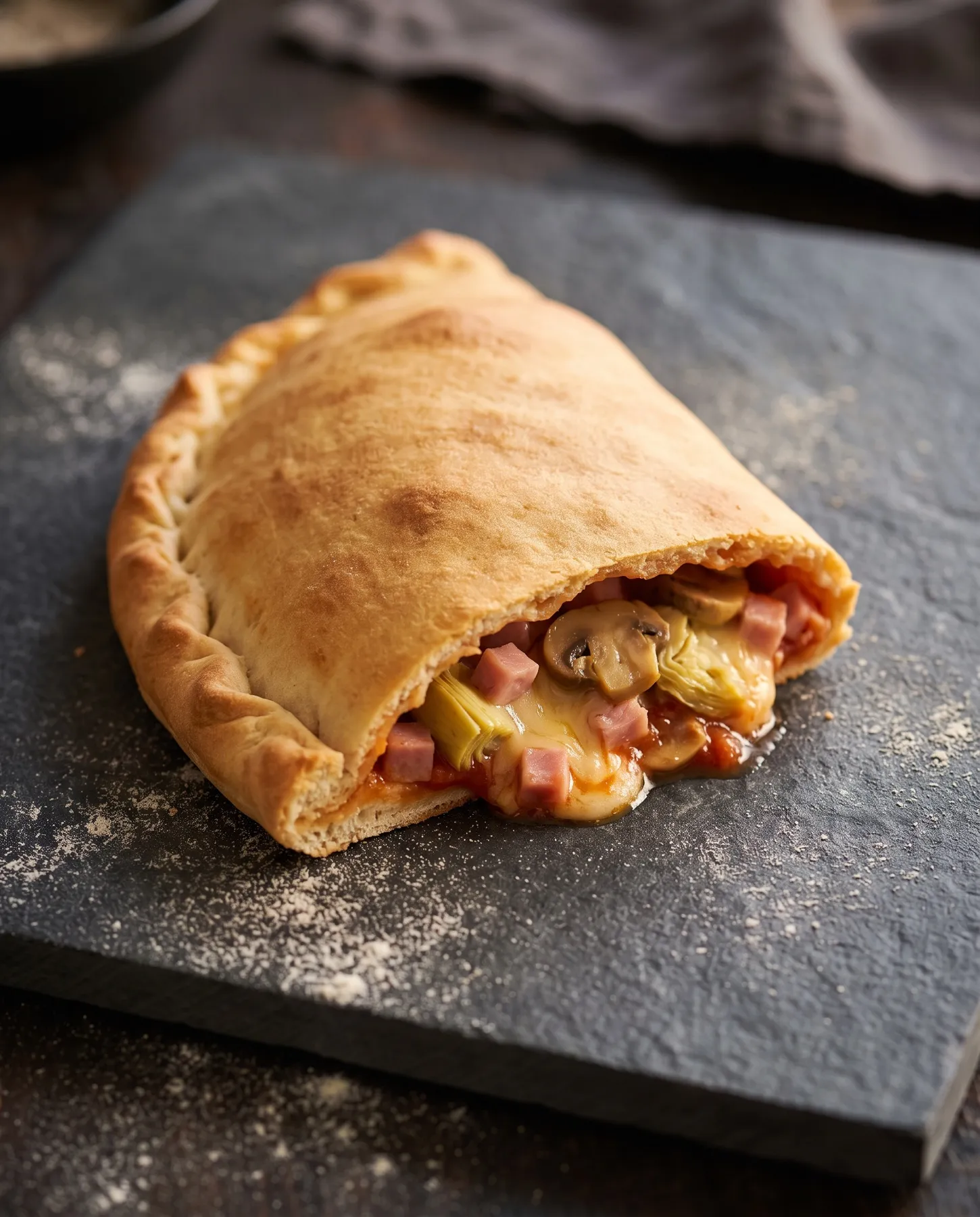 Angeschnittene Calzone mit Schinken, Champignons und Artischocken