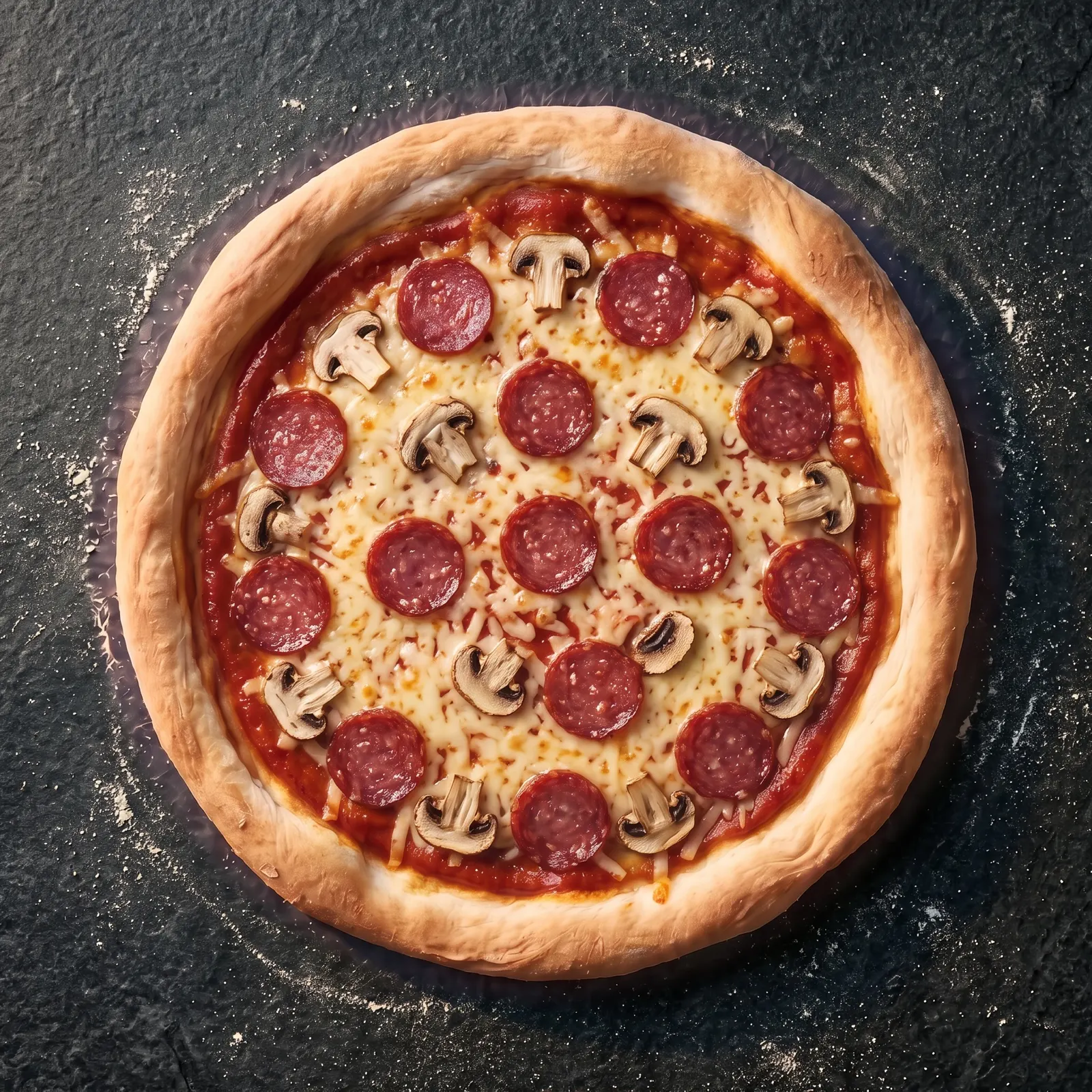 Pizza Funghi Salami mit Champignons und Salami, von oben