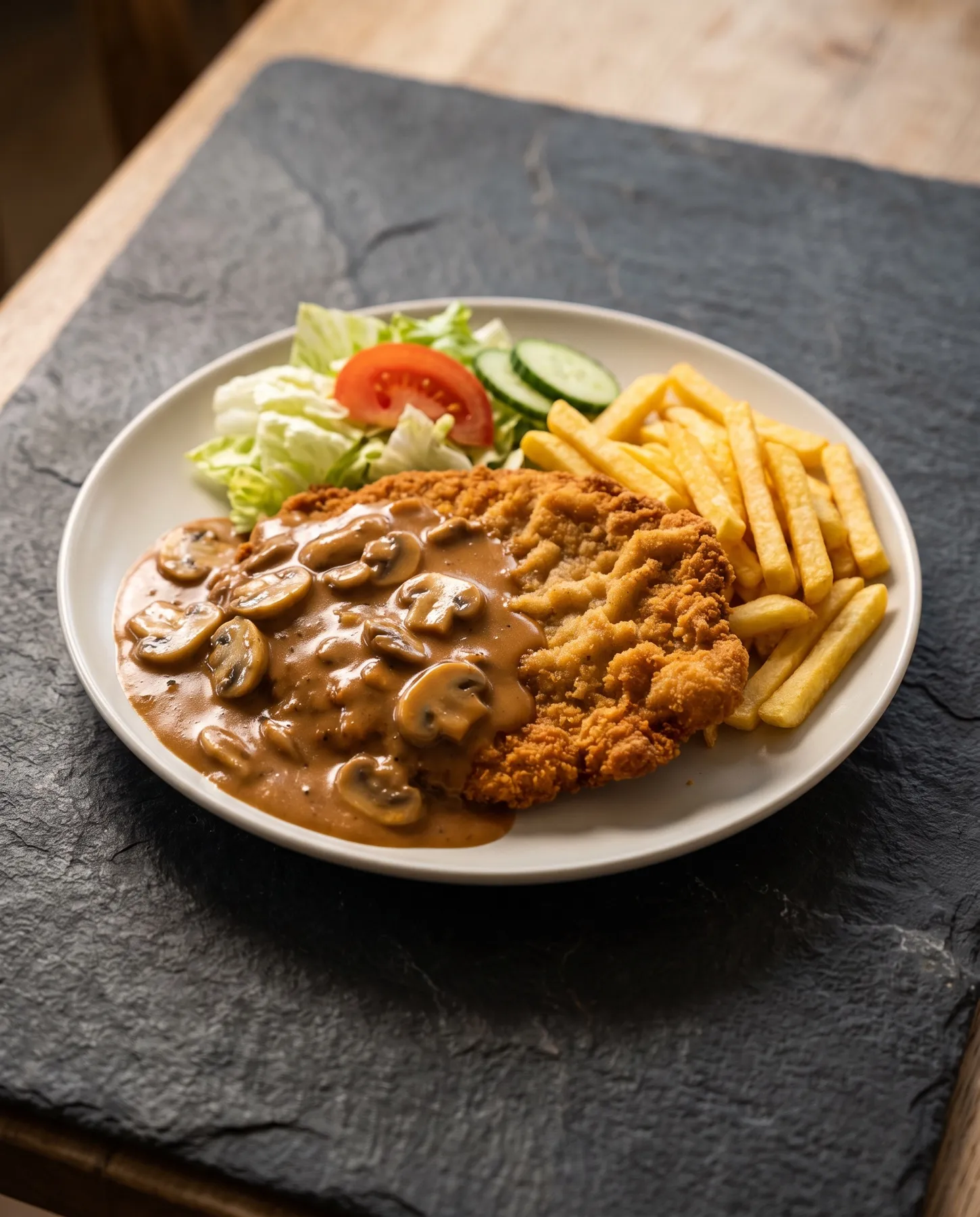 Jägerschnitzel mit Champignonsauce, Pommes und Salat