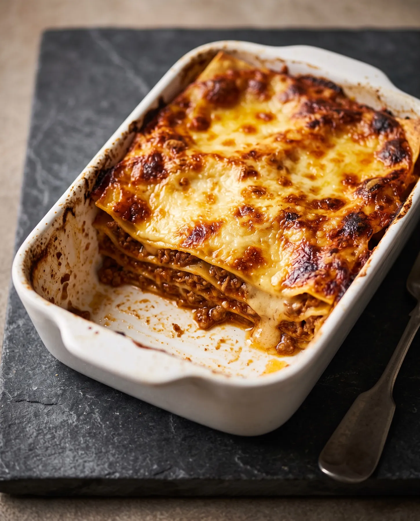 Lasagne al forno in einer Auflaufform, angeschnitten